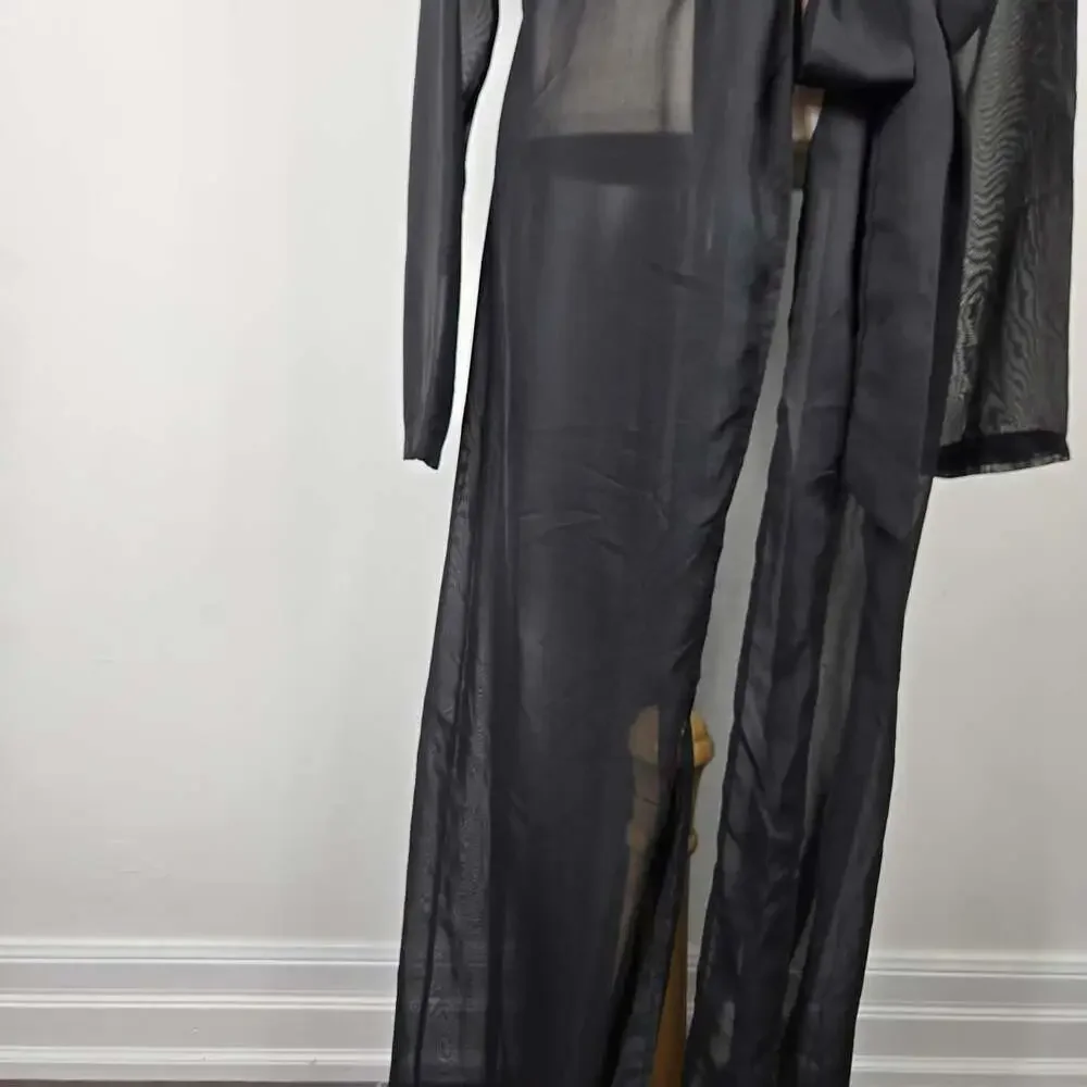 Lux LA Sheer Black Mesh Maxi Duster Robe Tie Waist Y2K Goth M